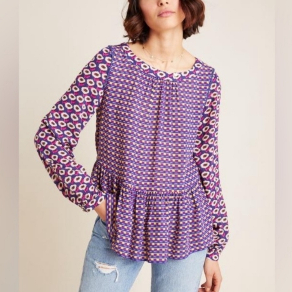 Maeve Anthropologie Cheyenne Mixed Print Peplum Pullover Top Purple Size Medium